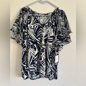 NYDJ Navy & White Printed Flutter-Sleeve Blouse